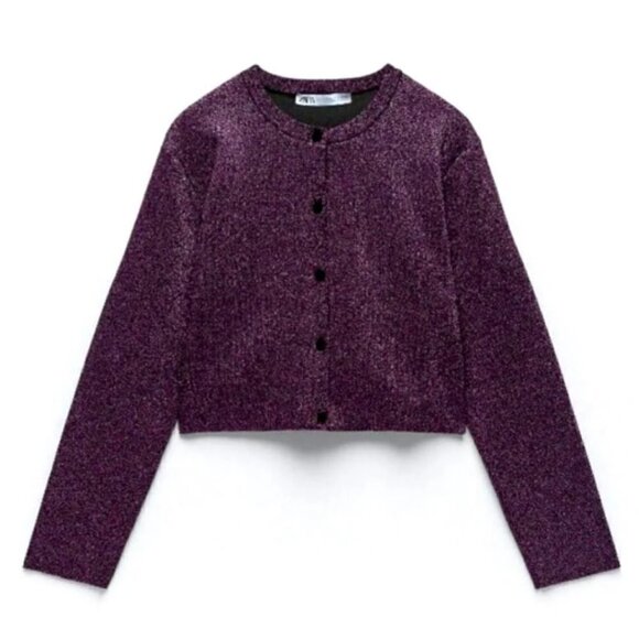 Zara Metallic Shimmer Purple Cropped Velvet Buttons Long Sleeve Cardigan Small - Picture 3 of 16